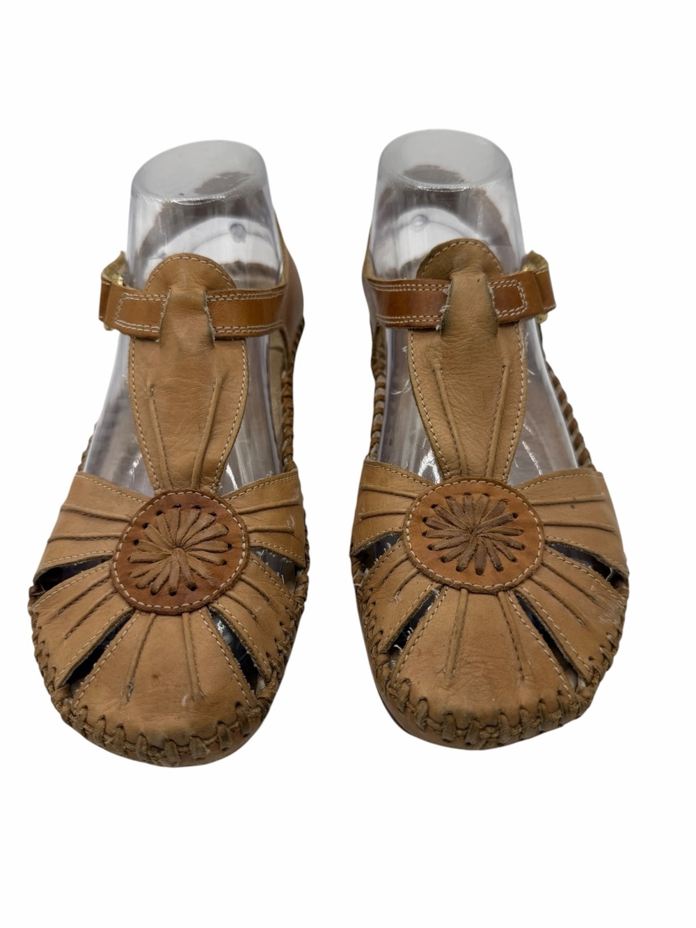 PIKOLINOS Tan Leather T-Strap Closed-Toe Sandals - Size 37
